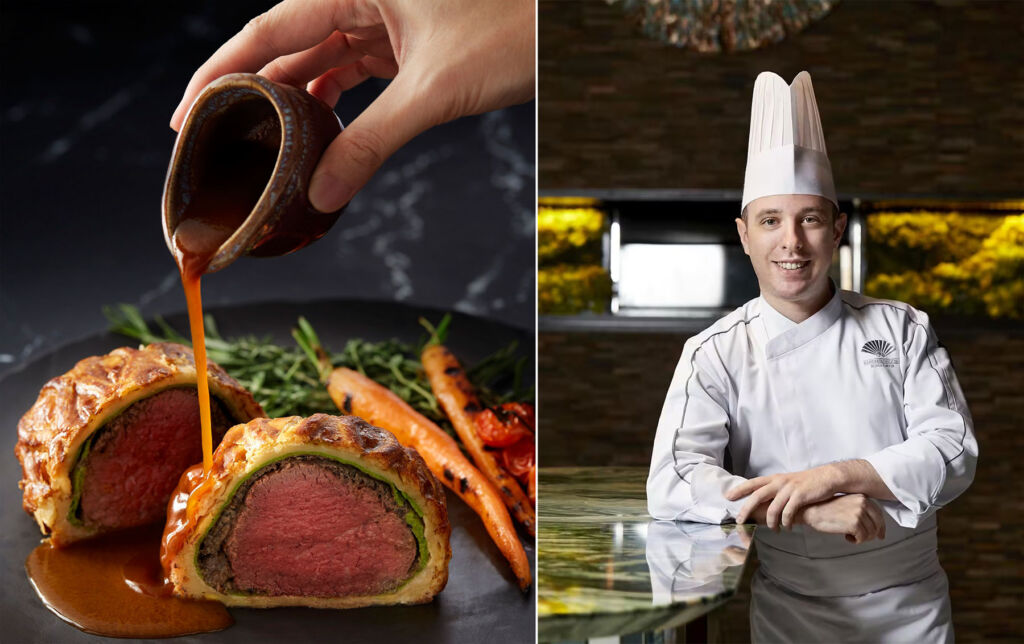 Two images, one of Chef Marco Caverni and the other of him pouring gravy onto a freshly made Beef Wellington