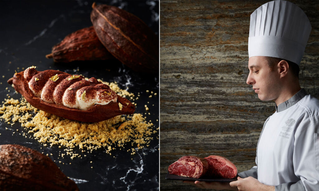 One image of the chef carrying meats on a plate and another of his Tiramisu