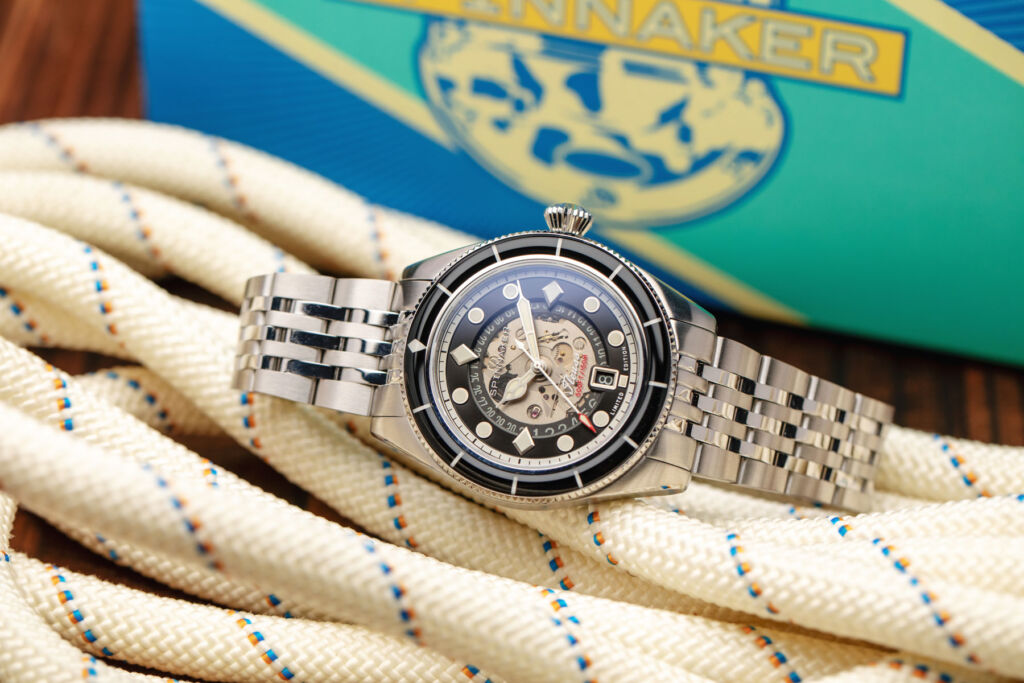 The stainless steel version of the timepiece, which is placed upon some nautical rope