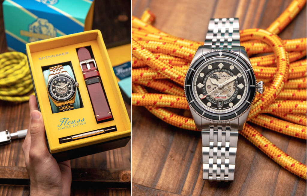 Two images, one showing the timepiece in its box, the other shows the stainless steel version