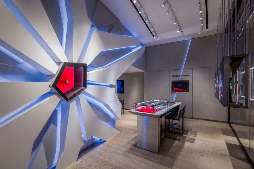 Inside the newly opened store with its futuristic LED giant sized watch face