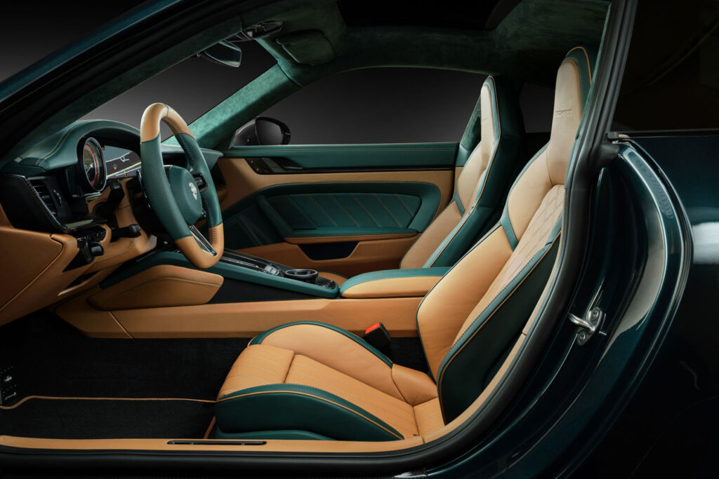 The green and caramel leather interior of one of the 911's