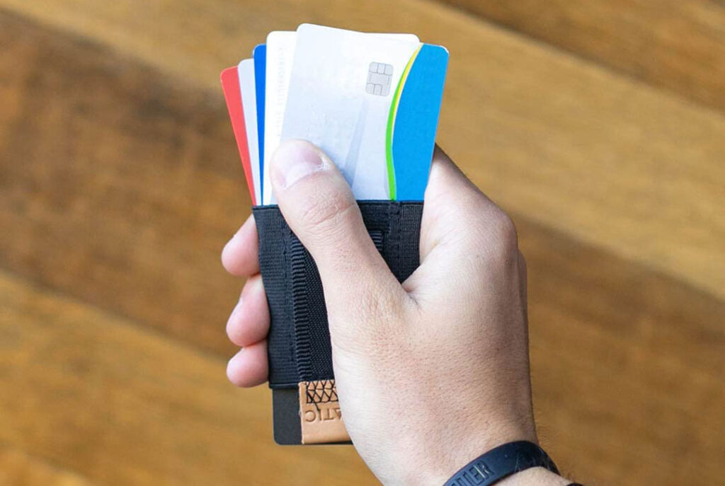 The Gomatic wallet with cards sticking out of it