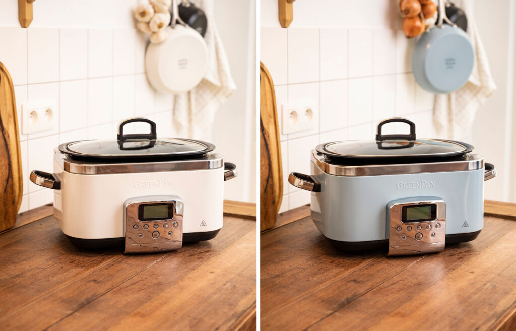 Two images showing the cooker in Blue Haze and Cream