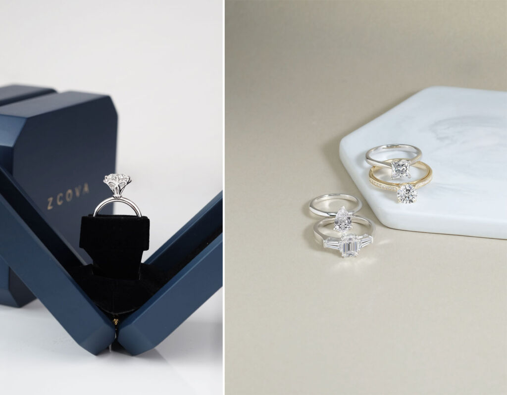 Two images showing a selection of the company's diamond rings