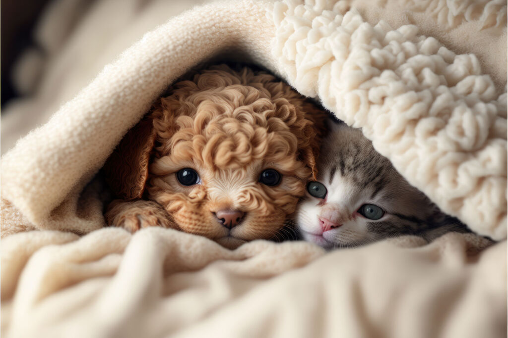 A puppy and a kit snuggling together under a thick blanket