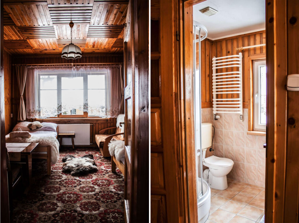 Two images, one of the bedroom and one of the bathroom