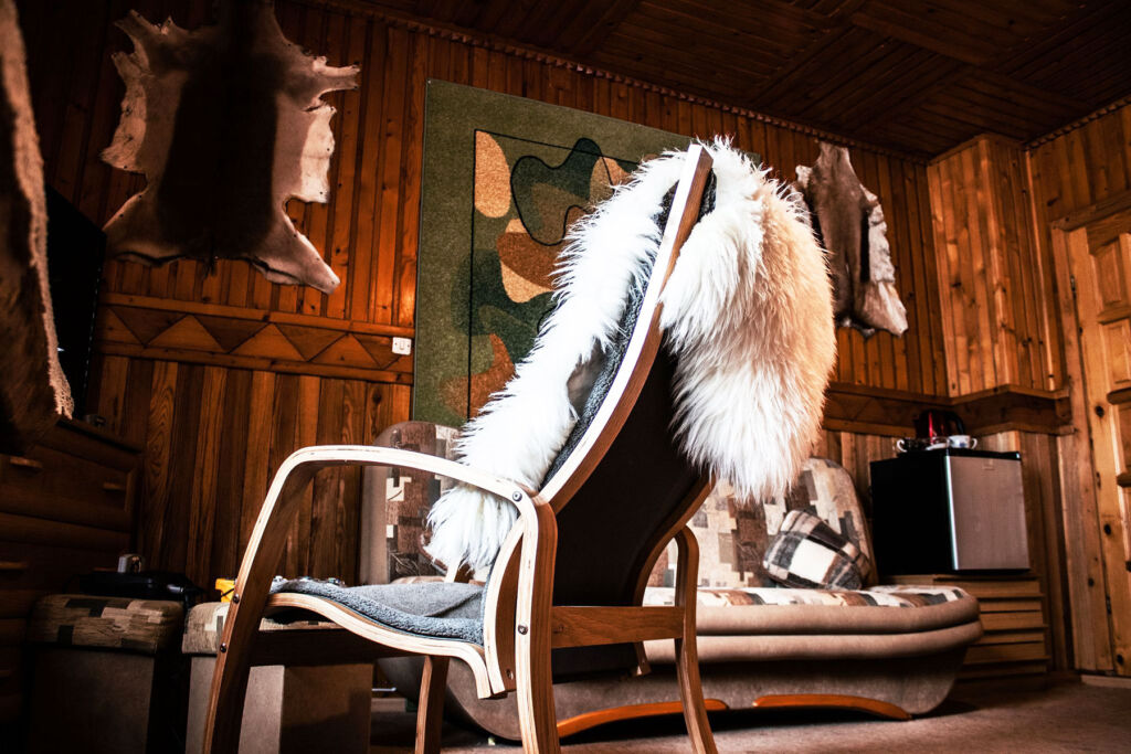 A view of the chalet lounge with its eclectic decor