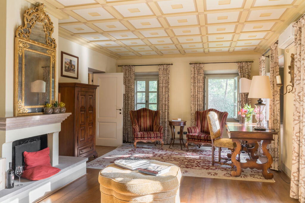 The decor inside the villa is reminiscent of a countryside home for royalty
