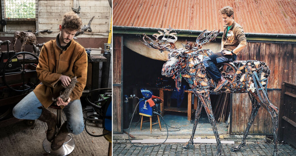 Two images of Jamie, one with him inspecting a piece, the other with homs on the back of a full-sized sculpture of a Moose