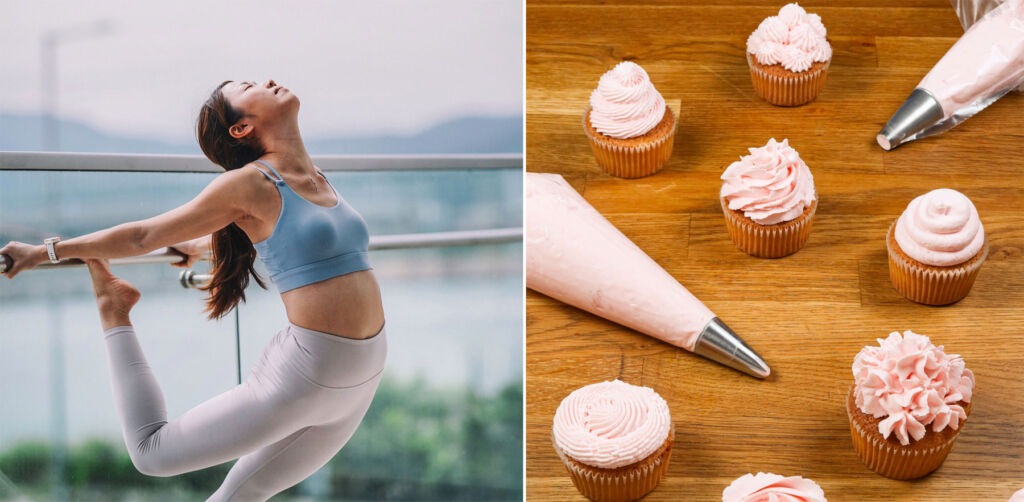 A female guest practicing yoga on the sky deck and an image of the cake making workshop