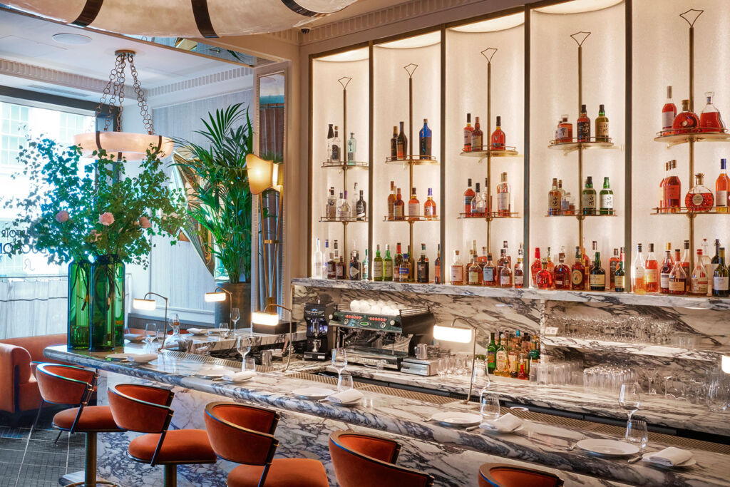 The extensive selection of wines and spirits behind the marble topped bar