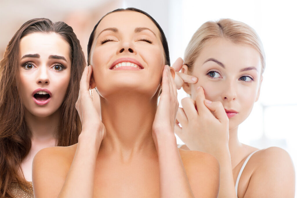Three woman applying skincare products