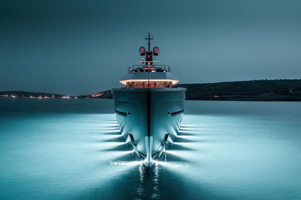 A frontal view of the award winning boat at night