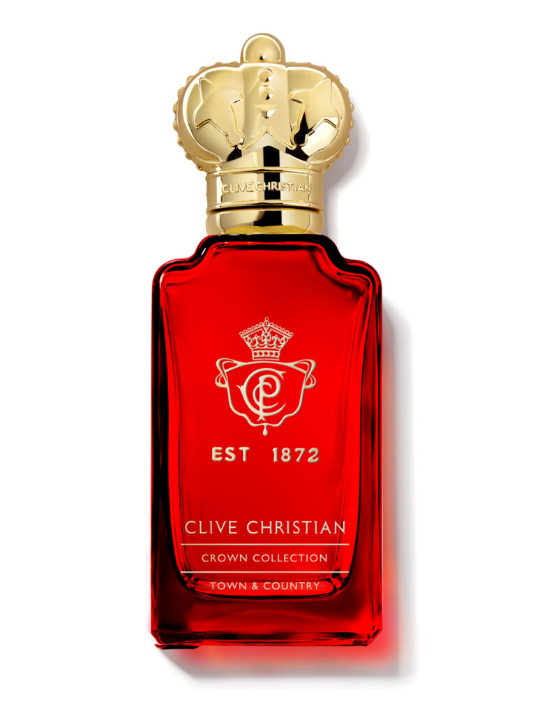 The new perfume in its bright red bottle