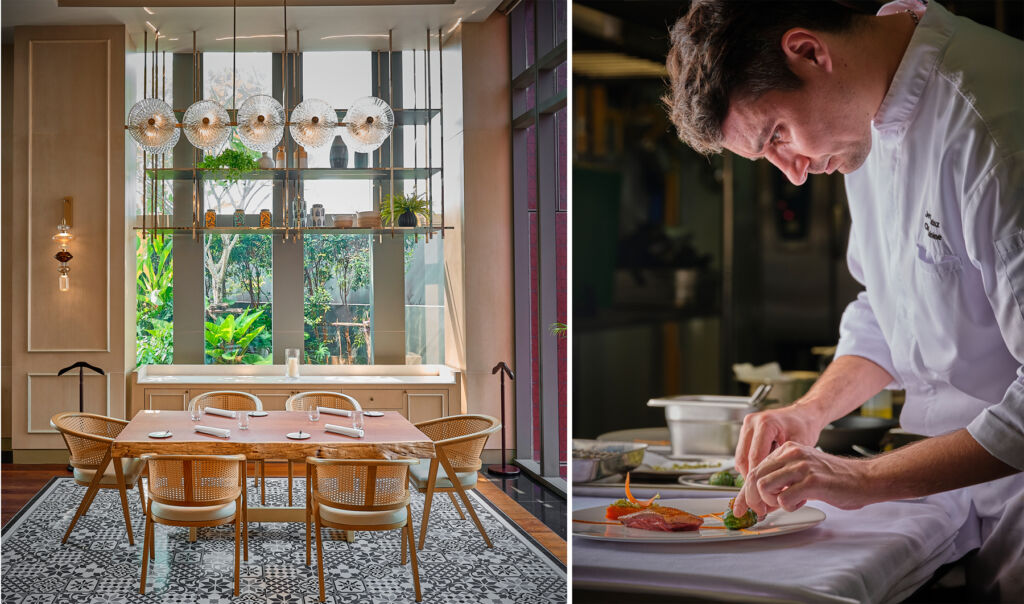 Two images, one shoing the interior of the restaurant, the other of the chef plating a dish