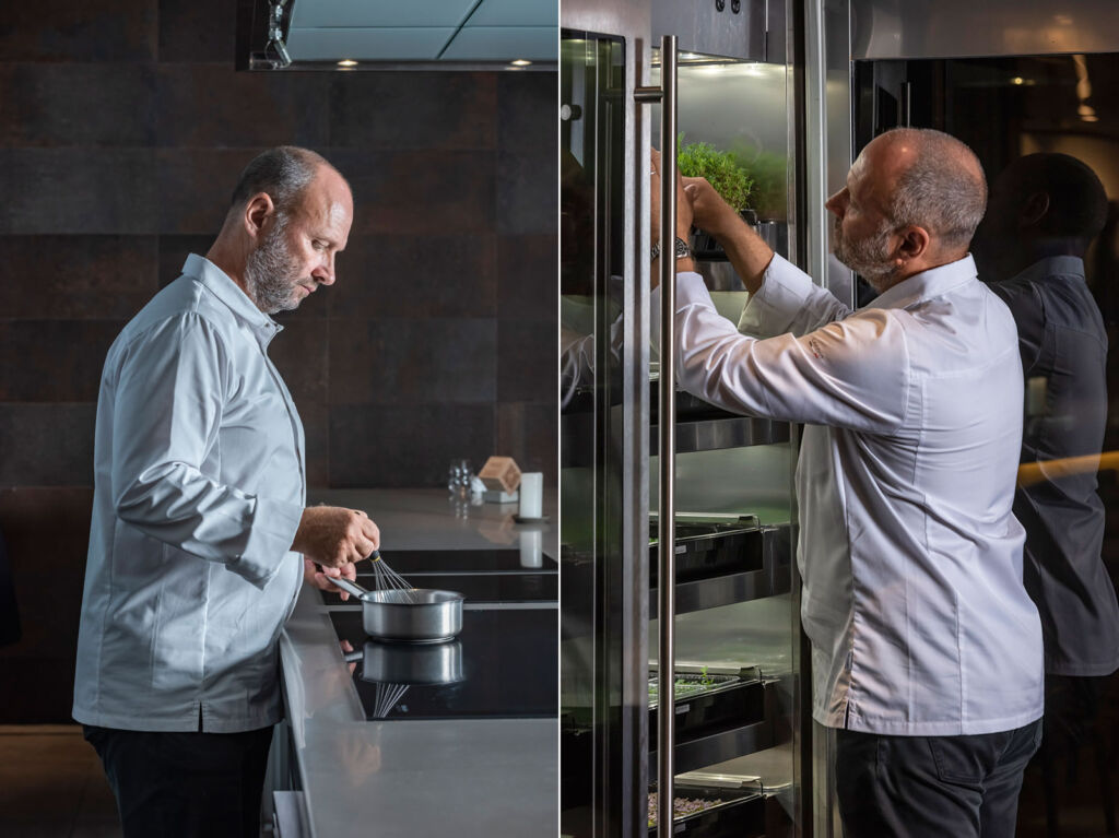 Two images showing Simon at work in his restaurant