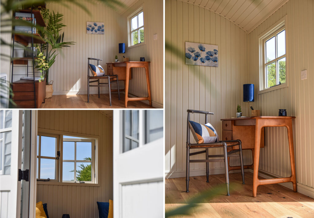 Three images showing the huts features and interior ideas