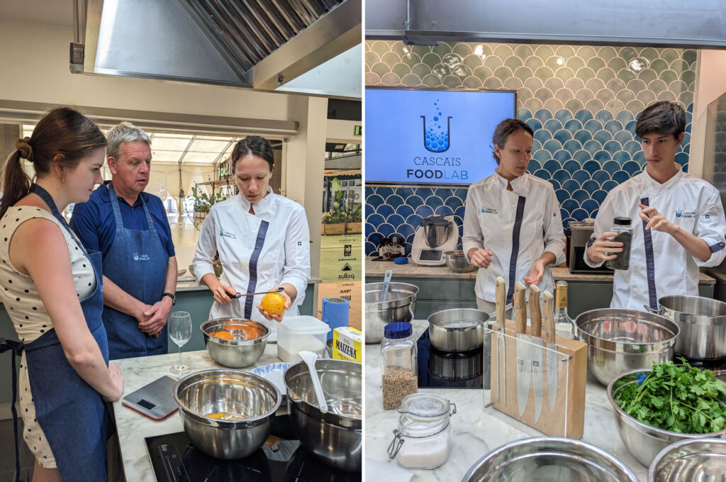 Two images showing guests at the cooking class