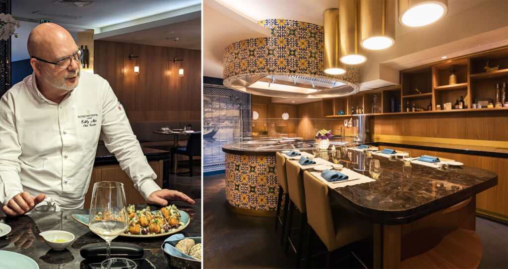 Two images, one of Chef Eddy Melo and the other of the Chef's table