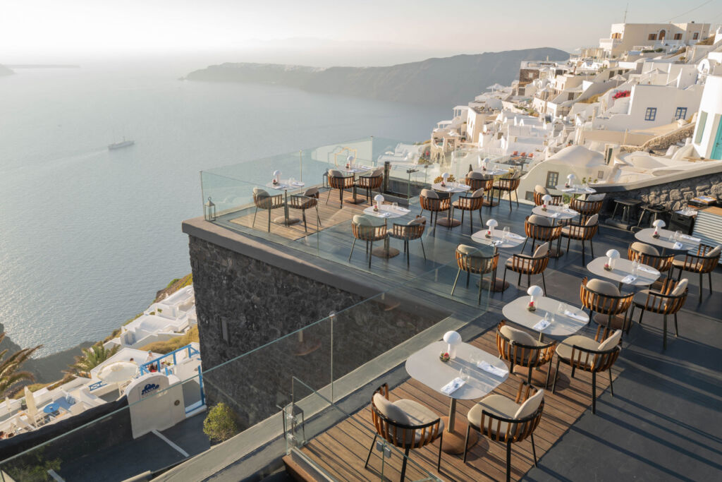 An aerial view of the restaurant, showing its stunning location looking out over the sea