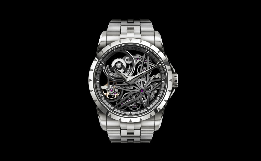 A front on view of the skeletonised timepiece