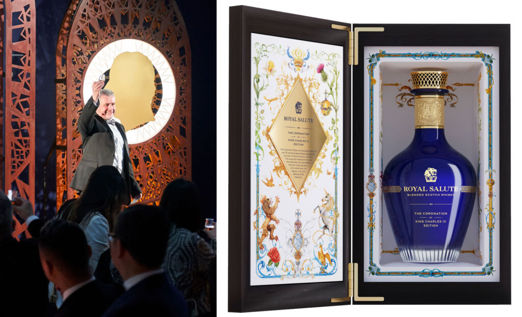 Two images, one of Sandy making a toast and another of the special edition whisky in its case