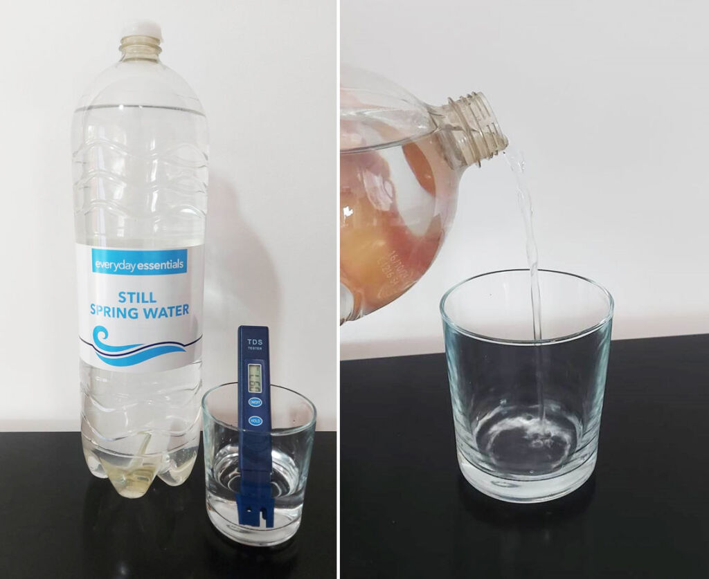 Two images showing us testing the shop bought spring water