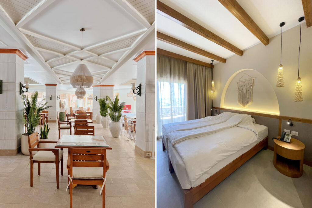 Two images showing the interior decor, one of the dining areas, the other of a bedroom suite