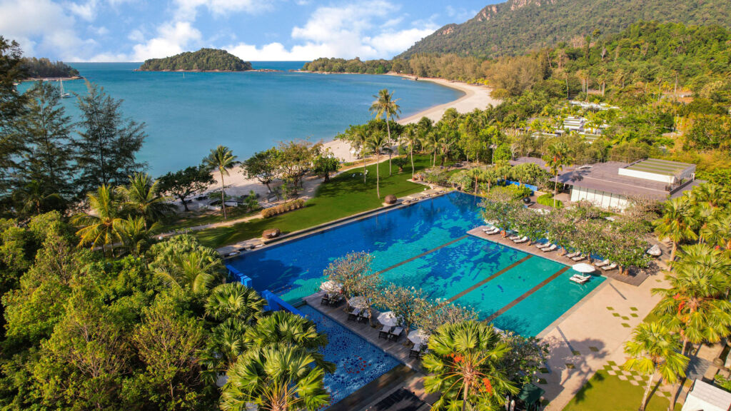 An aerial view of the huge three-tiered infinity pool