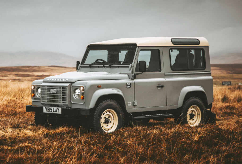 A side view of the New Classic Defender WorksV8 Islay Edition