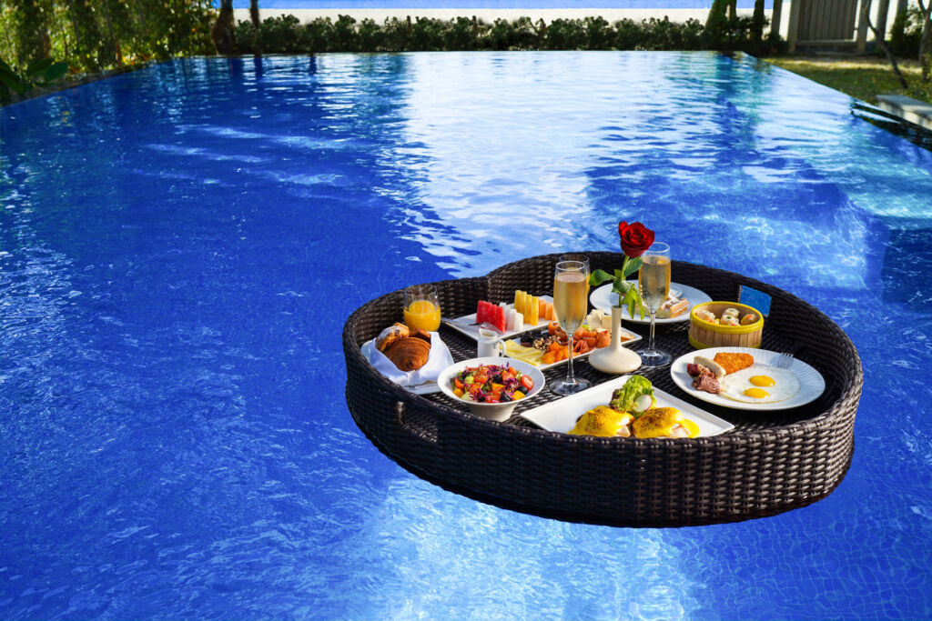 A close up view of the floating breakfast tray