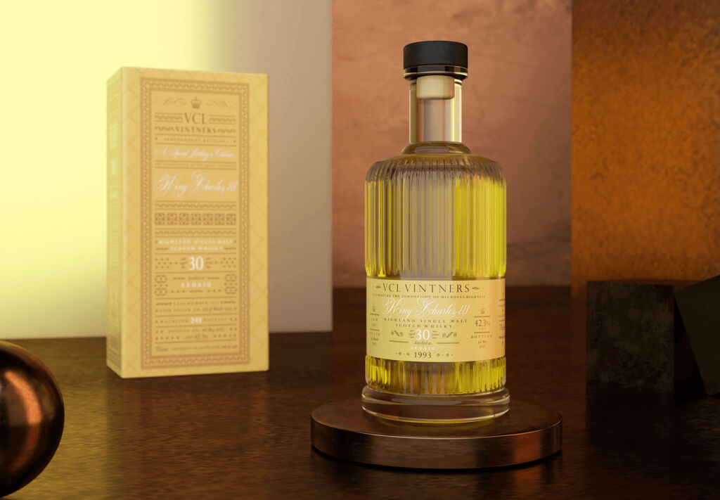 A bottle of the limited edition coronation whisky next to its box