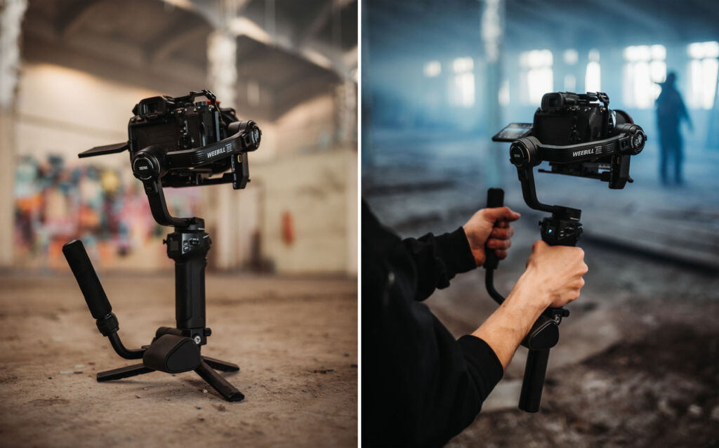 Two images, one of the stabiliser on a tripod, the other with it being used by a male photographer