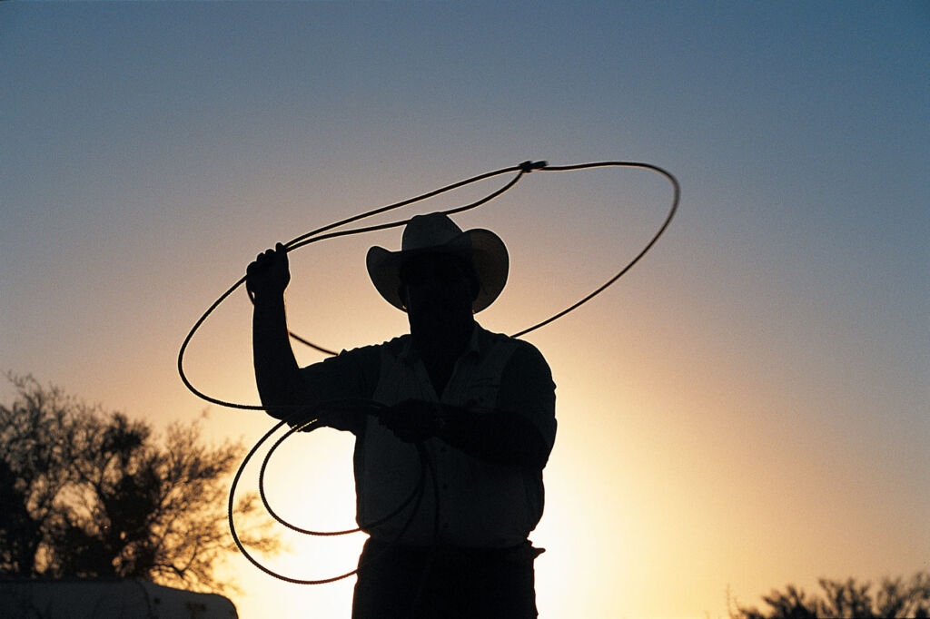 A silhouette of a cowboy with a lasso