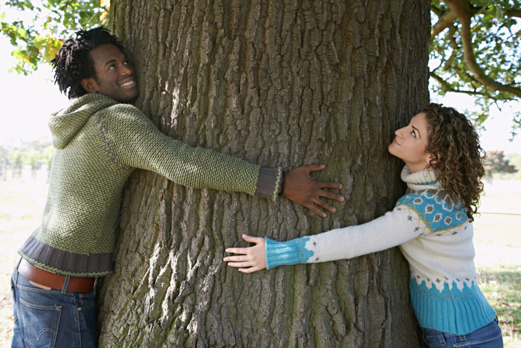 A man and a woman hugging a large tree trunk