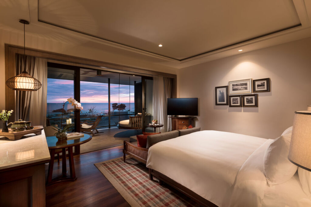 The view over the sea from the Deluxe Sea View suite bedroom