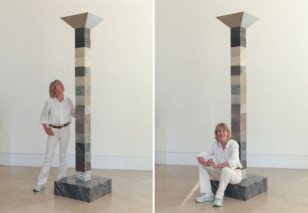 Two photographs of Angela with her sculpture, Tower of Time