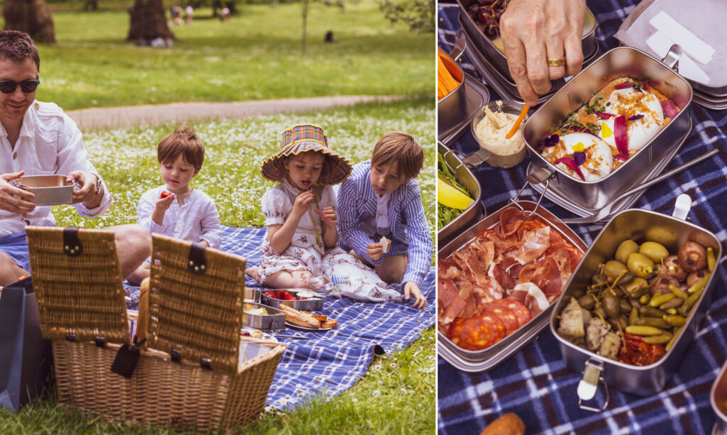 Two images, one of a family enjoying the picnic, the other of the food trays