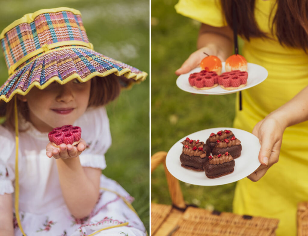 Two images showing some of the sweet treats in the picnic basket