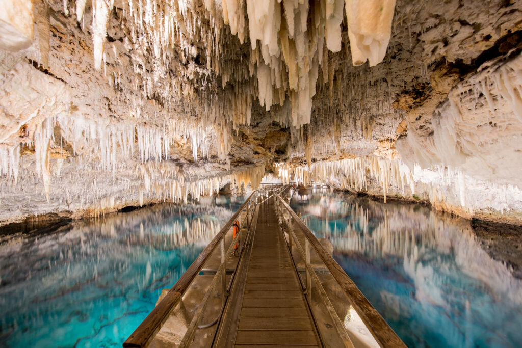 The wooden walkway inside the crystal cave