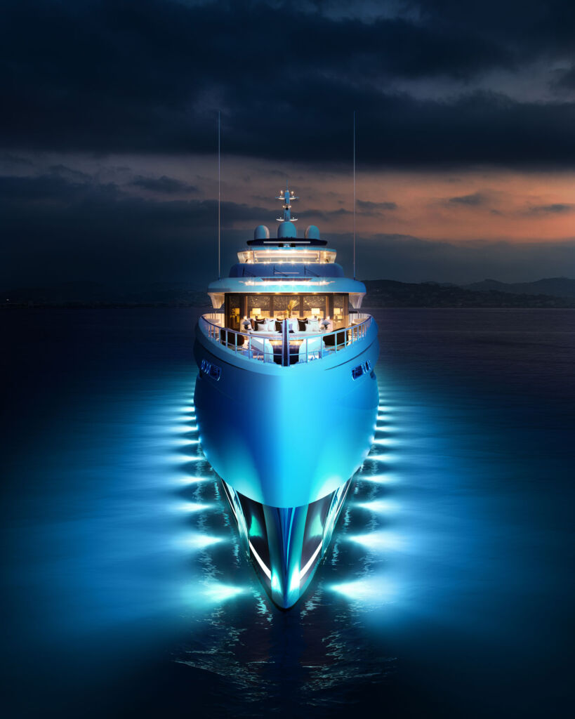 A rendering showing the yacht front on at night