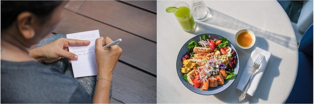 Two images, one of a guest writing a journal, the other of one of the healthy food dishes