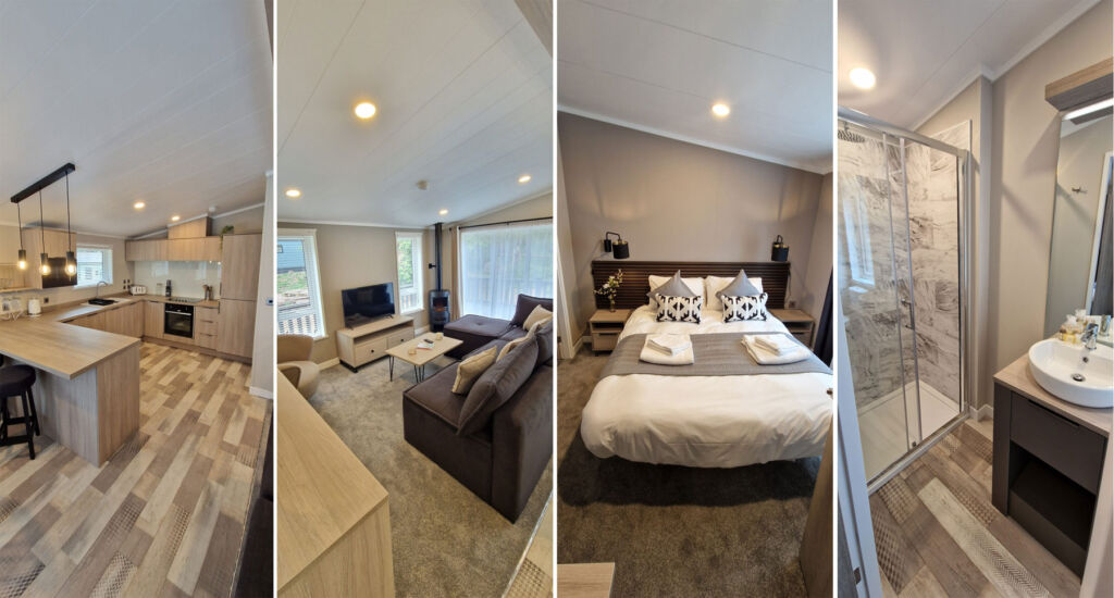 Four images showing the rooms and facilities inside one of the lodges