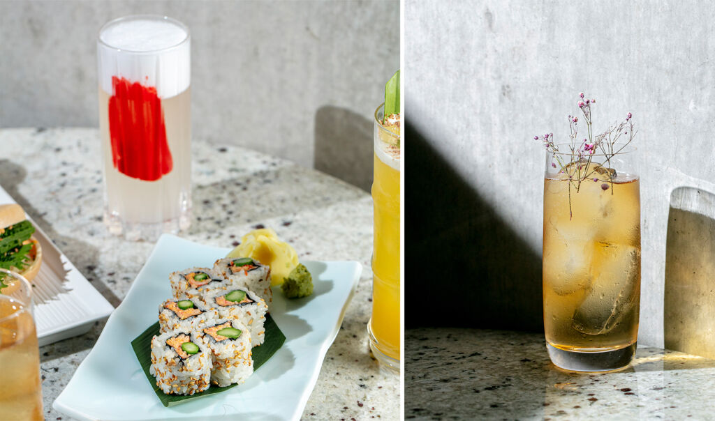 Two images, the first showing a Sushi dish, the other one of the refreshing cocktails