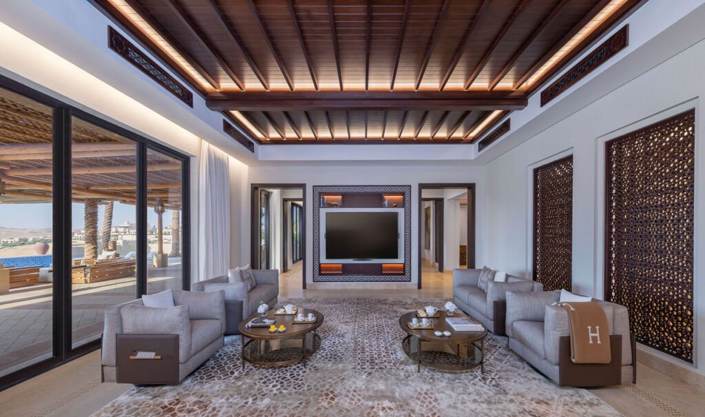 The living room with its Arabian influenced decor and modern amenities