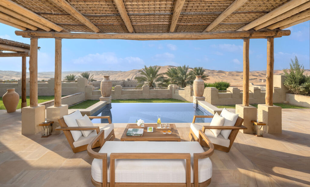The amazing outdoor terrace with its pool and views over the sand dunes