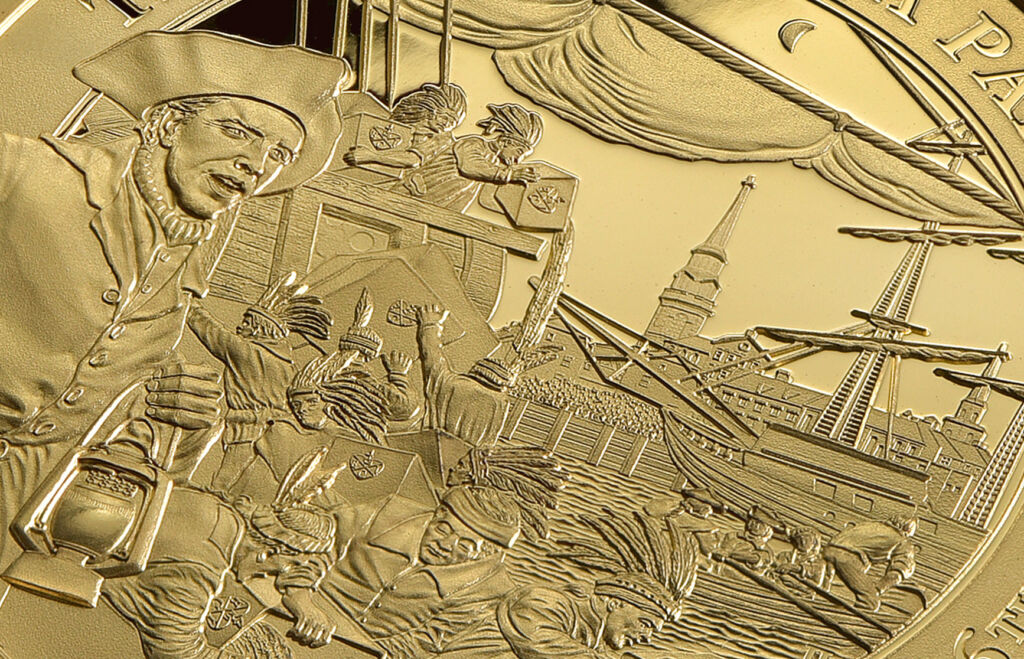 A close up view of the engraving on the 2 ounce gold coin