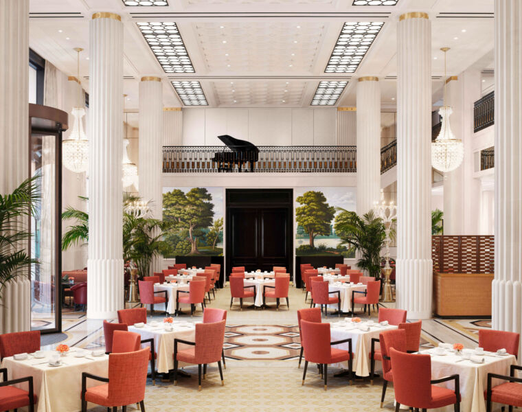 The hotel's spectacular lobby with a grand piano on the mezzanine level