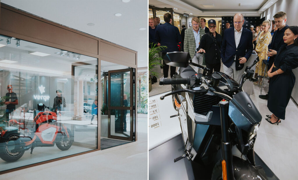 A photograph of the exterior of the new store and another of the Prince inspecting one of the electric motorcycles